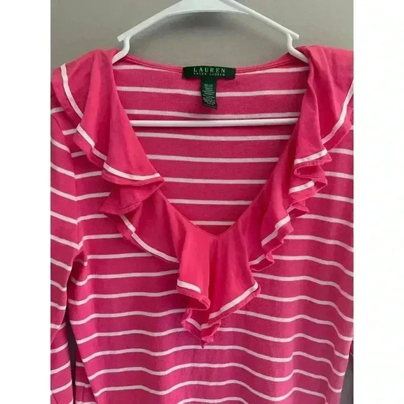 Lauren Ralph Lauren Long-Sleeved Pink and White Striped Ruffled V-Neck Shirt - Picture 3 of 7